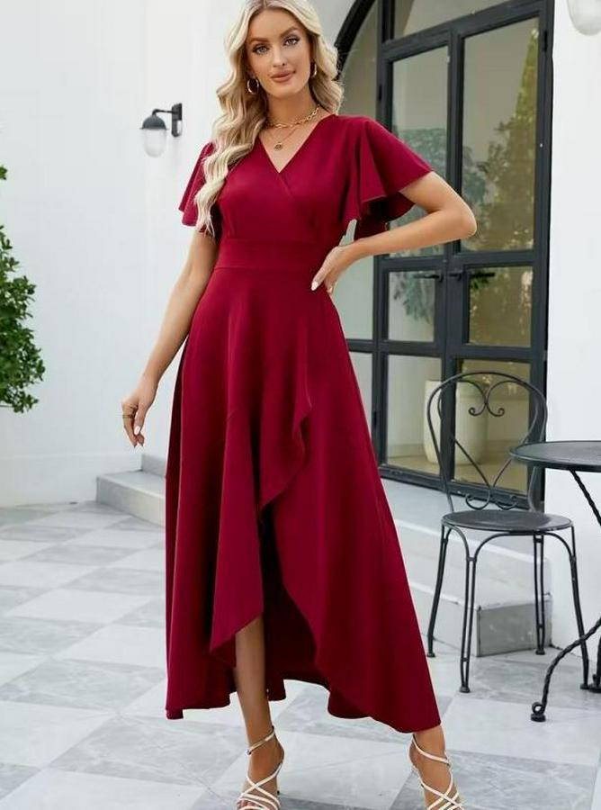 Kısa Kollu Kruvaze Yakalı Ön Asimetrik Volanlı Uzun Ithal Krep Elbise