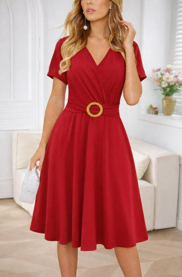 Kısa Kollu Kruvaze Yakalı Önden Toka Detaylı Kısa Viskon Elbise