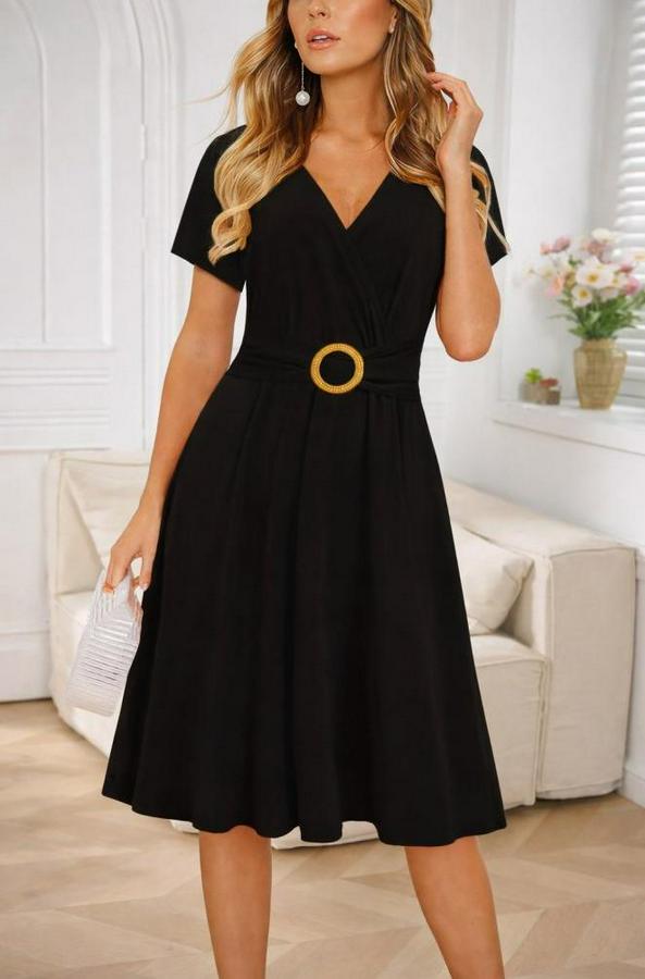 Kısa Kollu Kruvaze Yakalı Önden Toka Detaylı Kısa Viskon Elbise