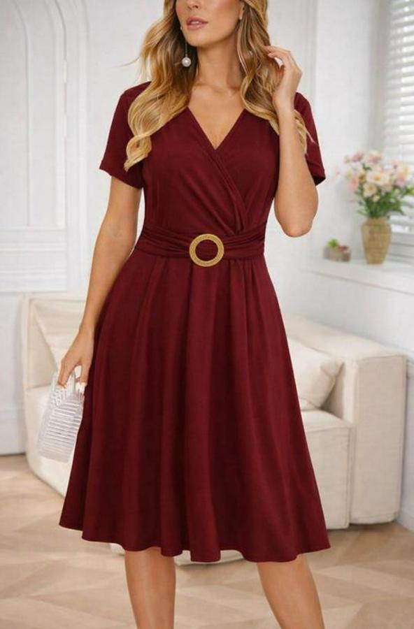 Kısa Kollu Kruvaze Yakalı Önden Toka Detaylı Kısa Viskon Elbise