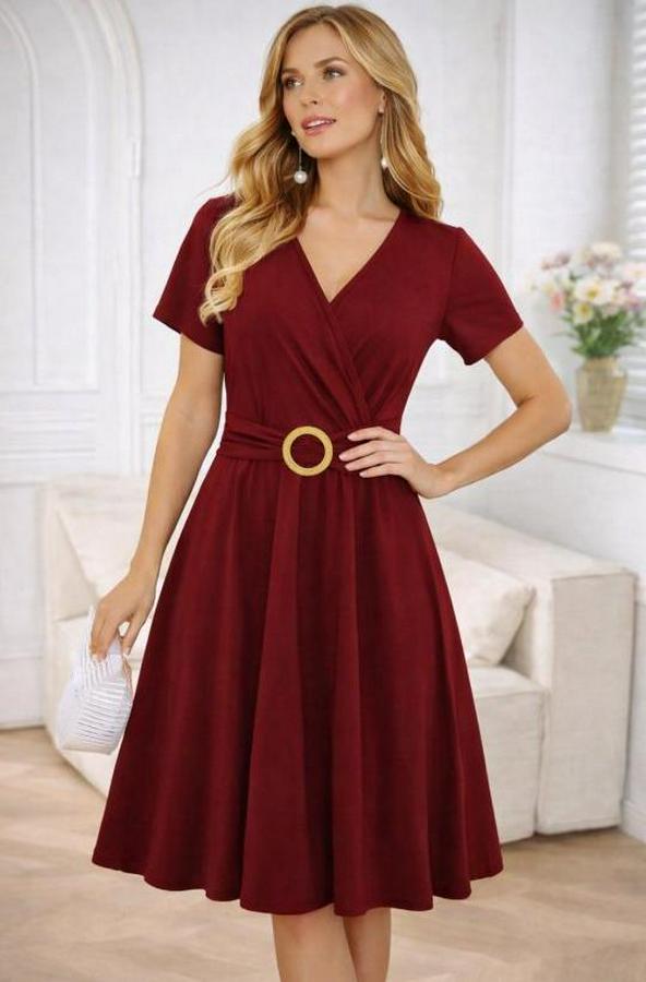 Kısa Kollu Kruvaze Yakalı Önden Toka Detaylı Kısa Viskon Elbise