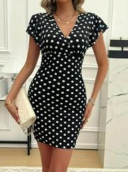 Kısa Kollu Kruvaze Yakalı Örme Puantiyeli Krep Elbise