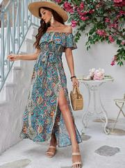 Kısa Kollu Madonna Yaka Fırfırlı Belden Yırtmaçlı Maksi Süprem Elbise