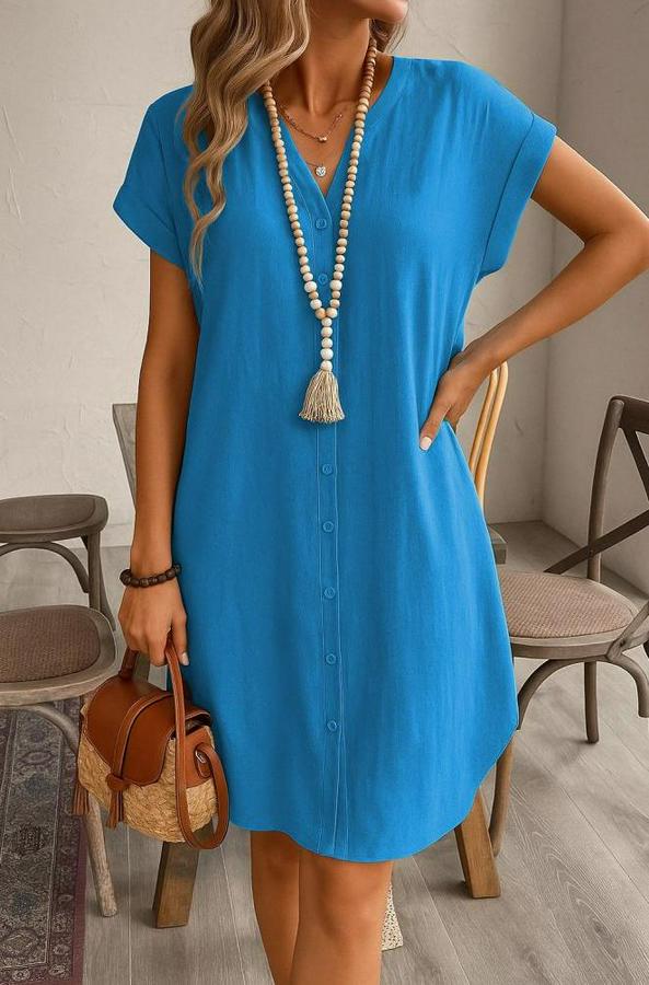 Kısa Kollu Önden Düğmeli Ithal Keten Elbise