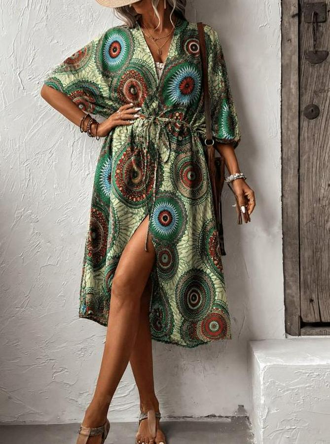 Kısa Kollu Önü Açık Belden Kuşaklı Uzun Kimono