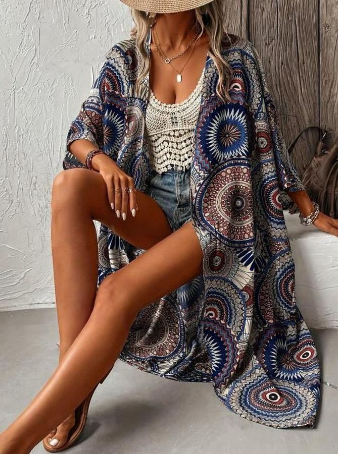 Kısa Kollu Önü Açık Belden Kuşaklı Uzun Kimono