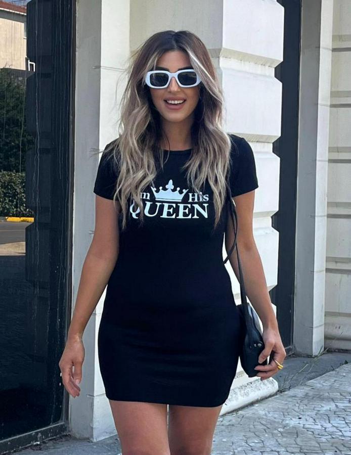 Kısa Kollu Queen Baskı Iki Iplik Mini Elbise