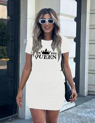 Kısa Kollu Queen Baskı Iki Iplik Mini Elbise