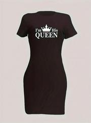 Kısa Kollu Queen Baskı Iki Iplik Mini Elbise