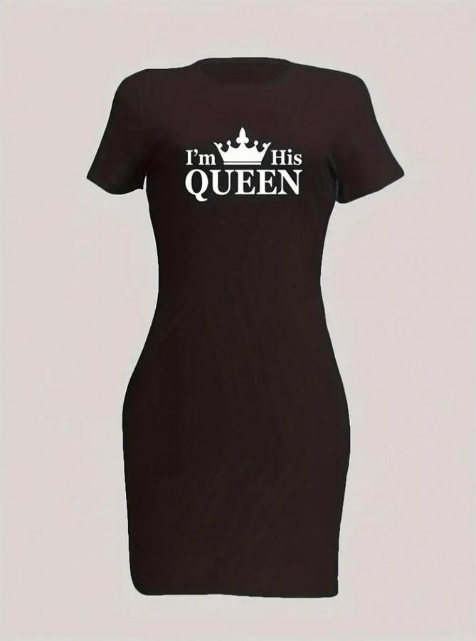 Kısa Kollu Queen Baskı Iki Iplik Mini Elbise