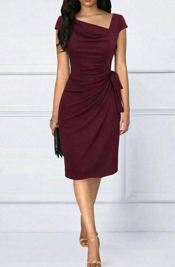 Kısa Kollu V Asimetrik Yaka Kesimli Yandan Bağlamalı Mini Janjan Krep Elbise
