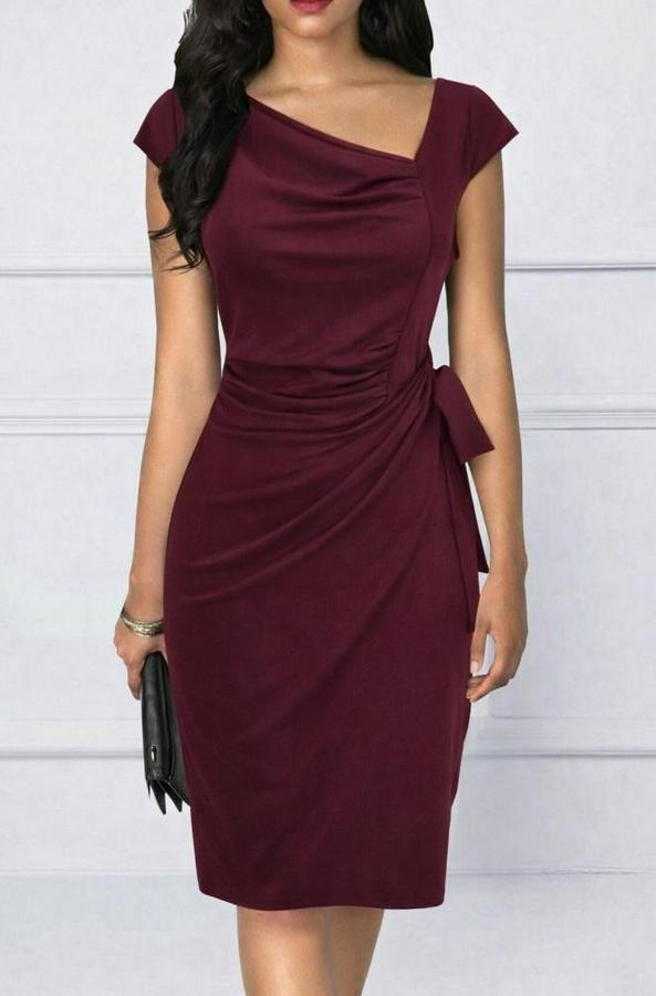 Kısa Kollu V Asimetrik Yaka Kesimli Yandan Bağlamalı Mini Janjan Krep Elbise