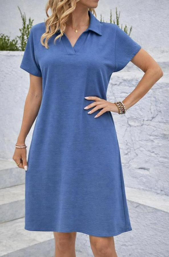 Kısa Kollu V Yaka Aerobin Kumaş Diz Üstü Elbise