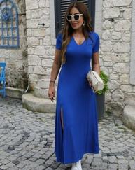 Kısa Kollu V Yaka Maxi Boy Elbise 124 Cm