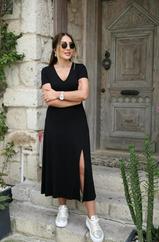 Kısa Kollu V Yaka Maxi Boy Elbise 124 Cm
