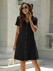 Kısa Kollu V Yaka Önü Düğmeli Viskon Elbise