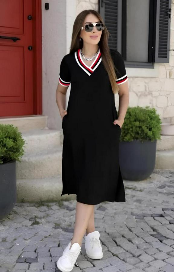 Kısa Kollu V Yaka Ribana Detay Midiboy Viskon Elbise