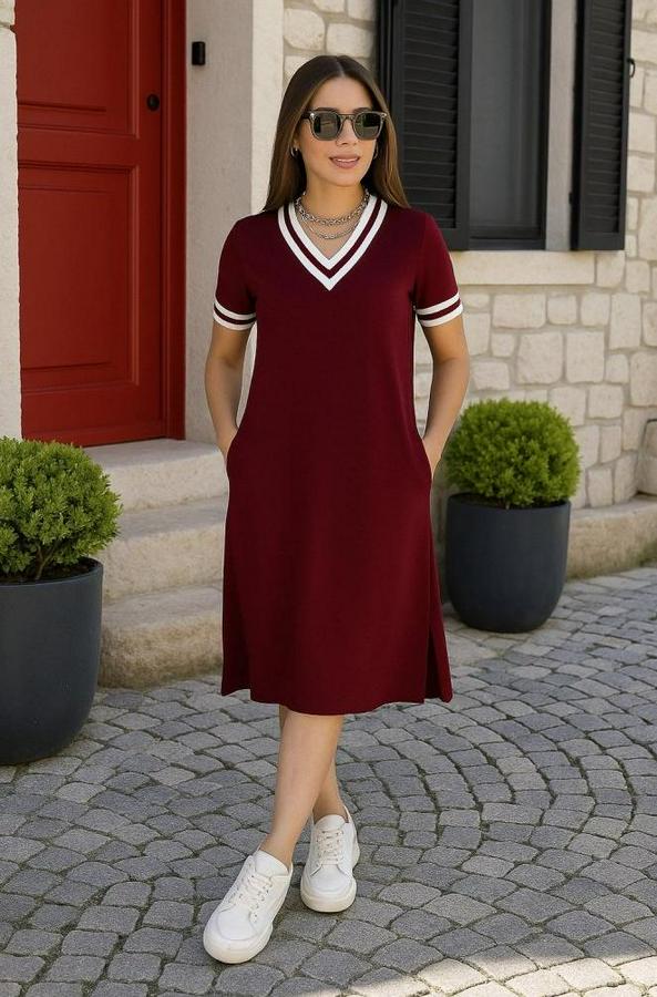 Kısa Kollu V Yaka Ve Yaka Ribana Detay Midiboy Viskon Elbise