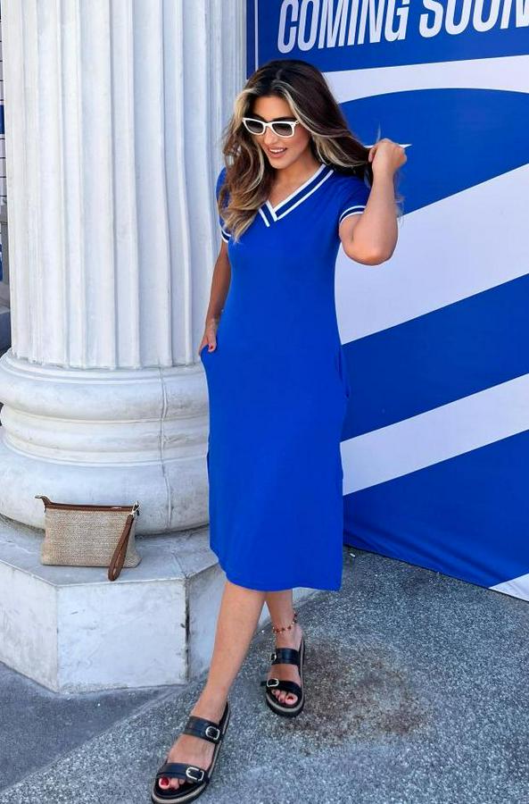 Kısa Kollu V Yaka Ve Yaka Ribana Detay Midiboy Viskon Elbise