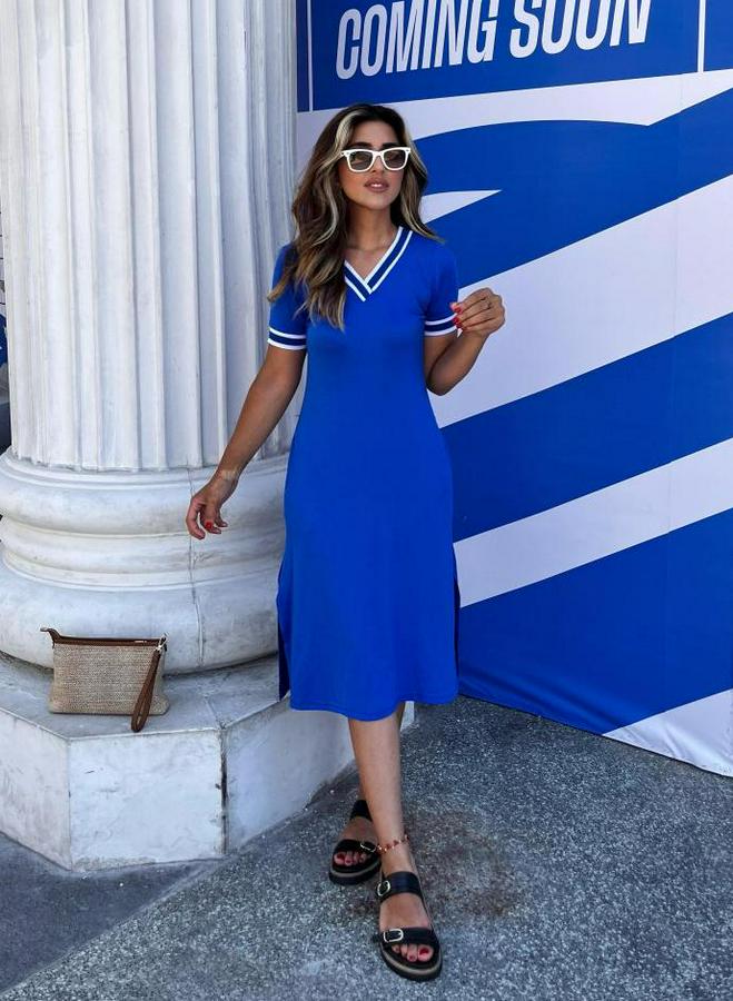 Kısa Kollu V Yaka Ve Yaka Ribana Detay Midiboy Viskon Elbise