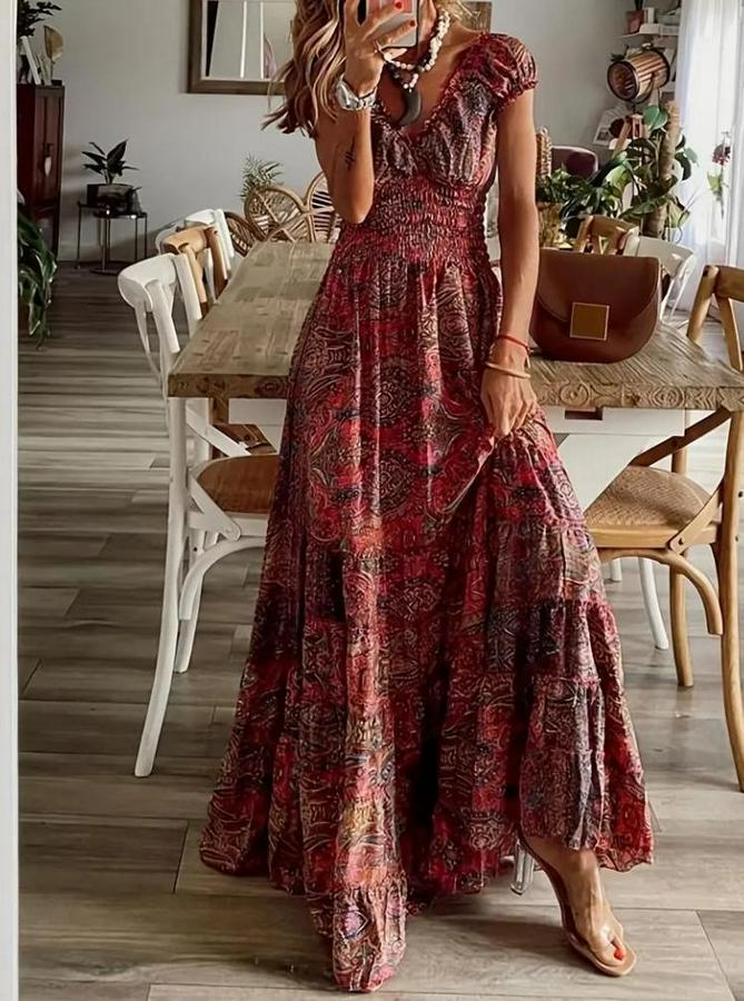 Kısa Kollu V Yakalı Beli Gipeli Desenli Süprem Maksi Elbise