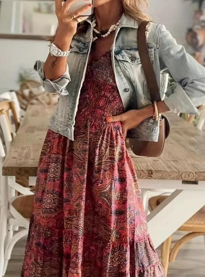 Kısa Kollu V Yakalı Beli Gipeli Desenli Süprem Maksi Elbise