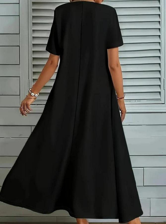 Kısa Kollu V Yakalı Cep Detaylı Uzun Janjan Krep Elbise