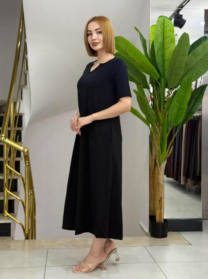 Kısa Kollu V Yakalı Cep Detaylı Uzun Janjan Krep Elbise