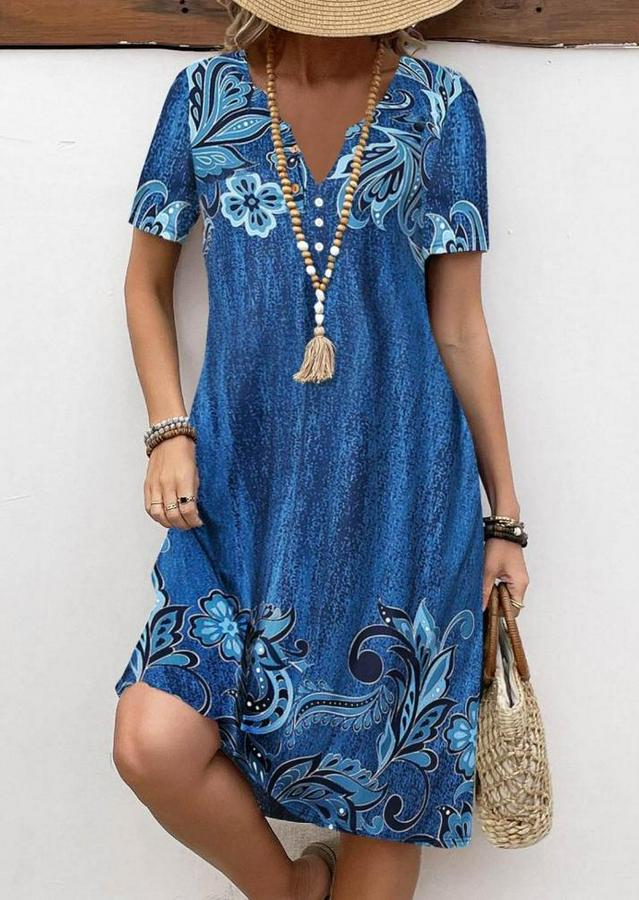 Kısa Kollu V Yakalı Çiçek Baskılı Midi Süprem Elbise