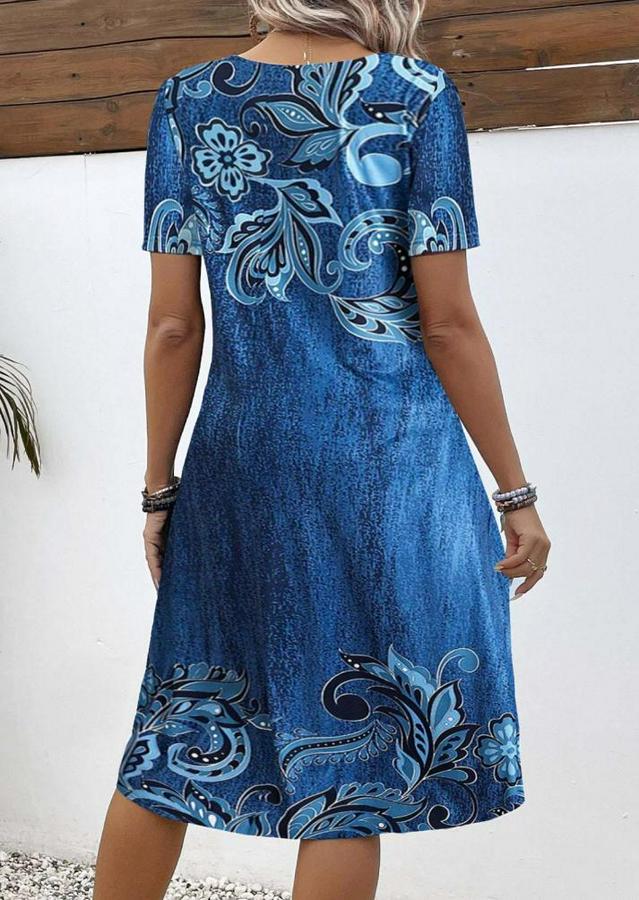 Kısa Kollu V Yakalı Çiçek Baskılı Midi Süprem Elbise