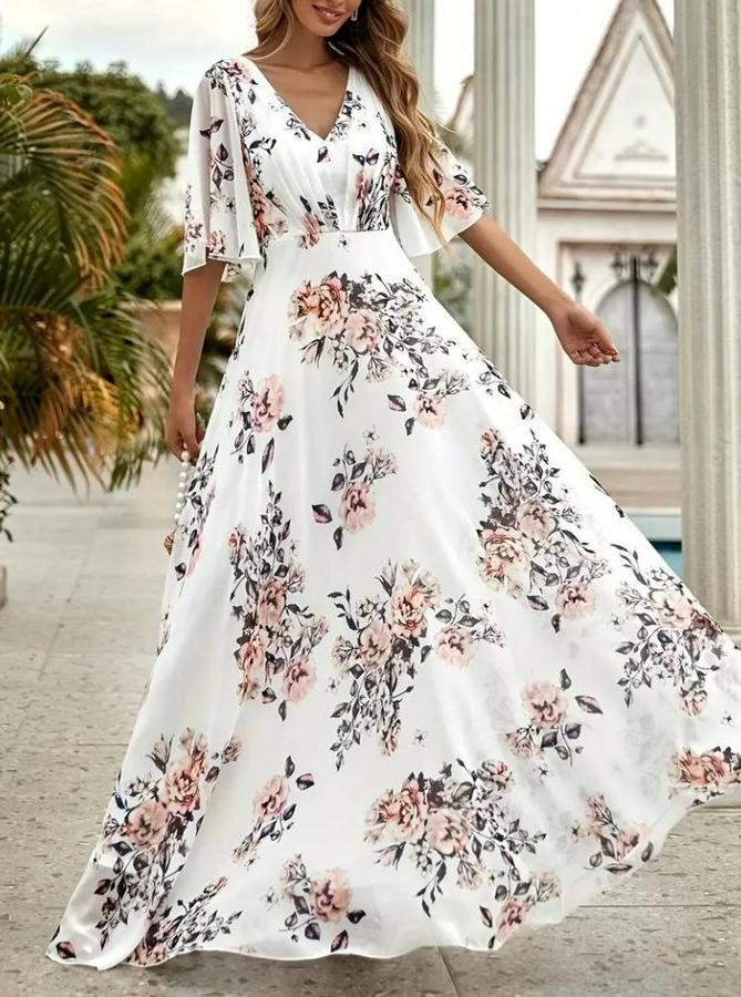 Kısa Kollu V Yakalı Çiçek Desenli Süprem Elbise