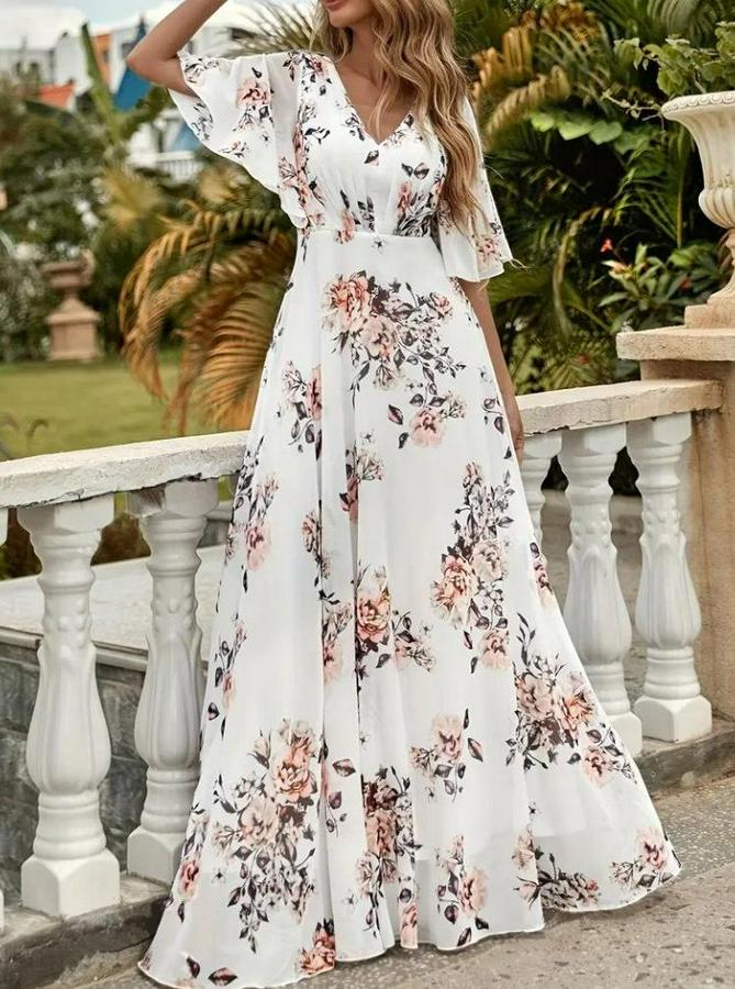 Kısa Kollu V Yakalı Çiçek Desenli Süprem Elbise