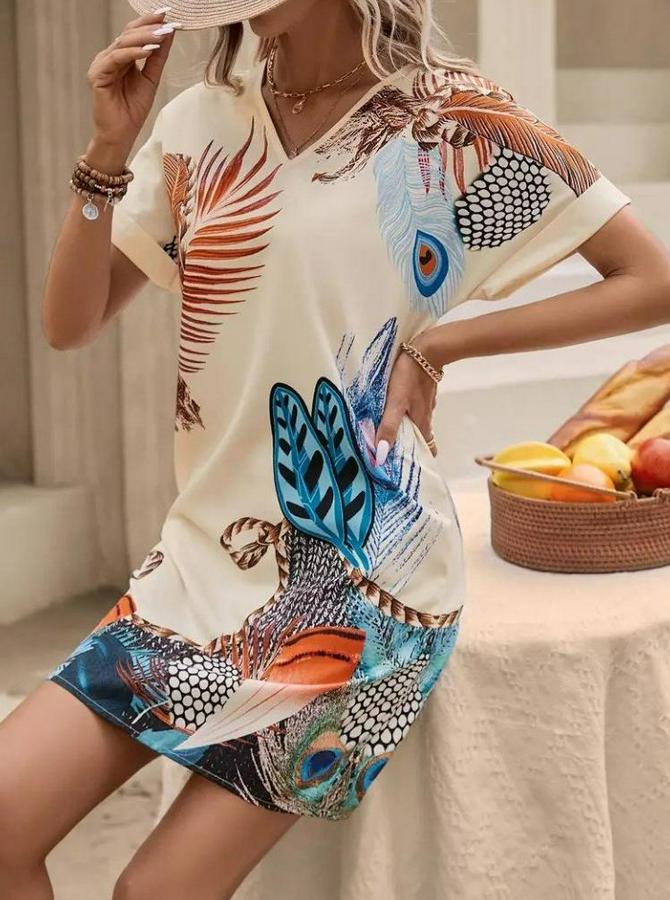 Kısa Kollu V Yakalı Desenli Mini Atlas Elbise