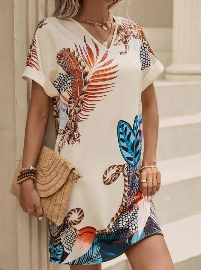 Kısa Kollu V Yakalı Desenli Mini Atlas Elbise