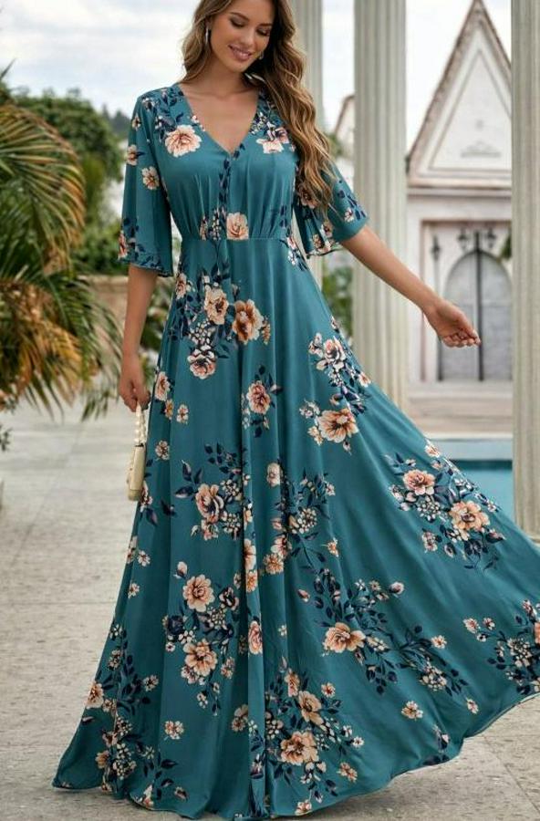 Kısa Kollu V Yakalı Desenli Süprem Elbise