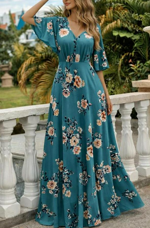 Kısa Kollu V Yakalı Desenli Süprem Elbise