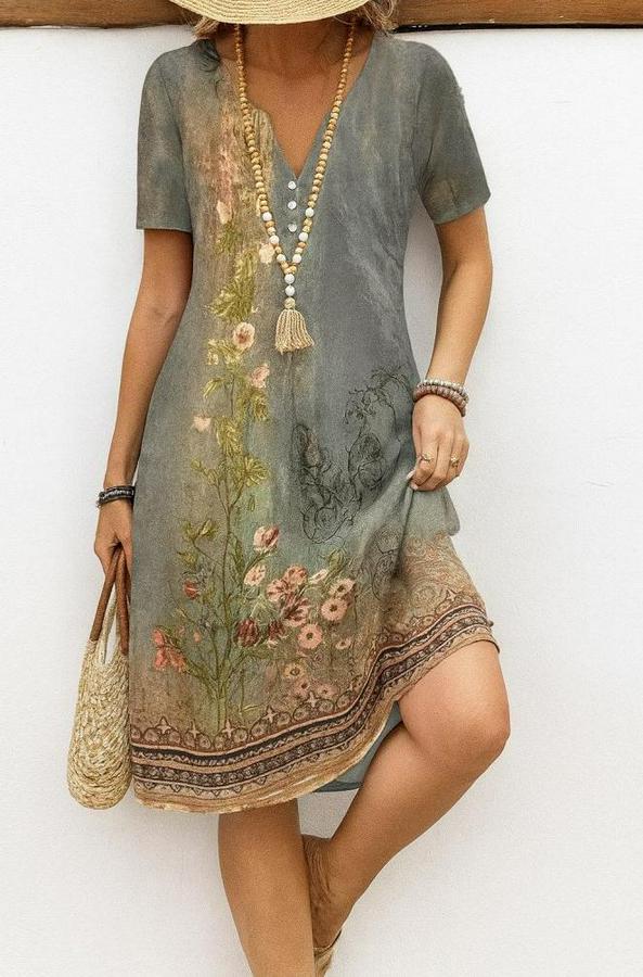 Kısa Kollu V Yakalı Desenli Süprem Elbise