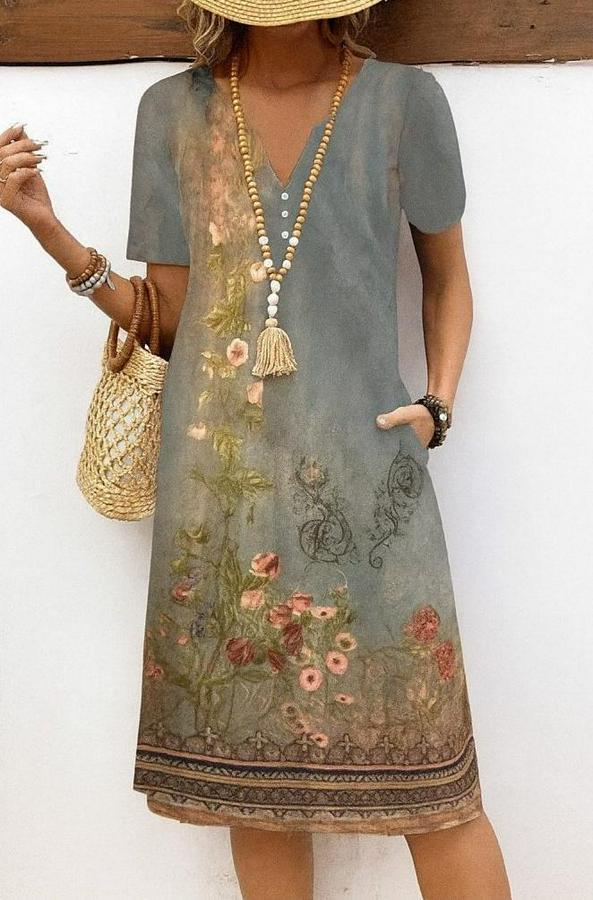 Kısa Kollu V Yakalı Desenli Süprem Elbise