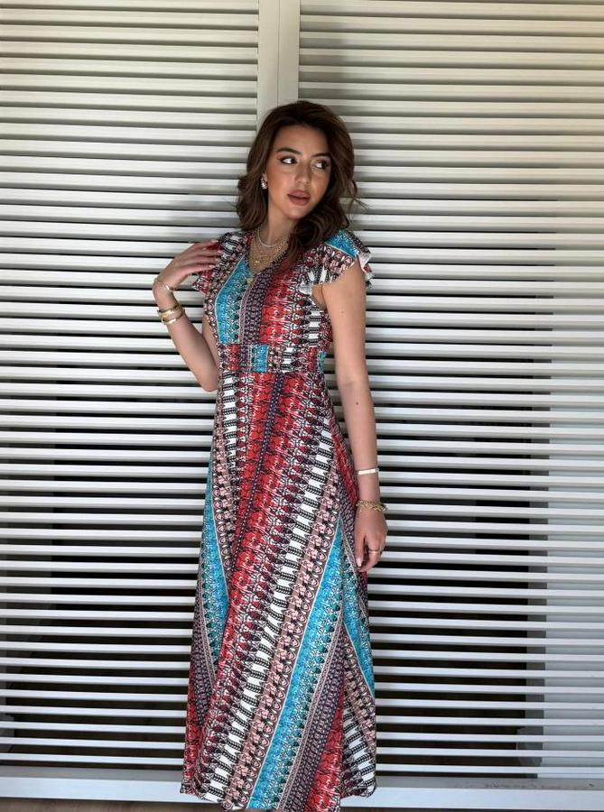 Kısa Kollu V Yakalı Desenli Yandan Yırtmaçlı Süprem Elbise