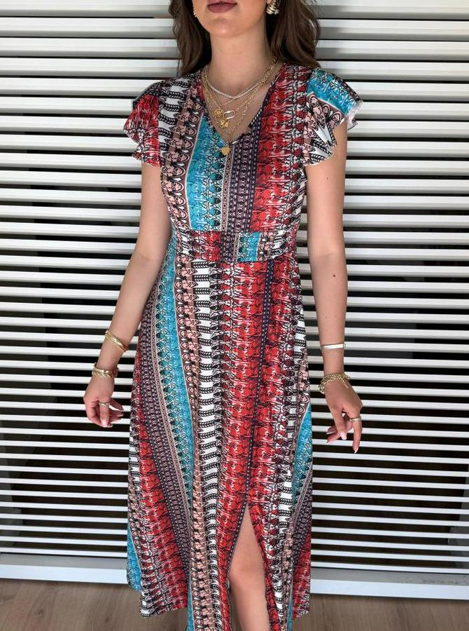 Kısa Kollu V Yakalı Desenli Yandan Yırtmaçlı Süprem Elbise
