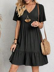 Kısa Kollu V Yakalı Fırfırlı Bürümcük Elbise