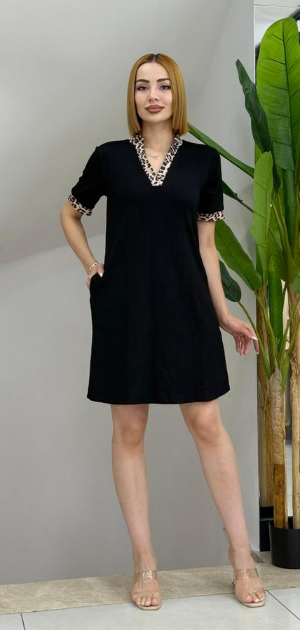 Kısa Kollu V Yakalı Leopar Desen Detaylı Modal Elbise