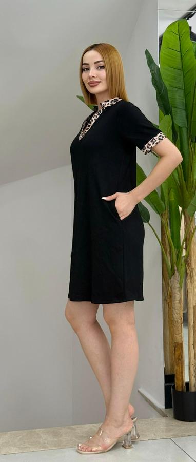 Kısa Kollu V Yakalı Leopar Desen Detaylı Modal Elbise