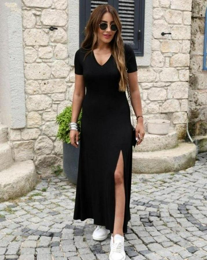 Kısa Kollu V Yakalı Maksi Boy Viskon Elbise