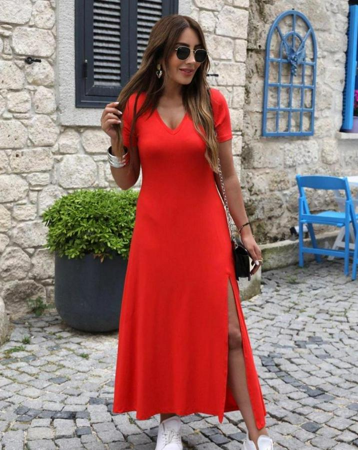 Kısa Kollu V Yakalı Maksi Boy Viskon Elbise