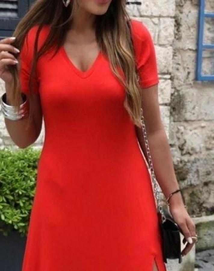 Kısa Kollu V Yakalı Maksi Boy Viskon Elbise