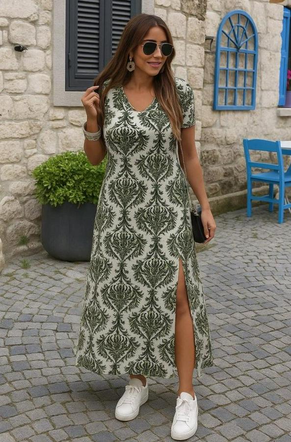 Kısa Kollu V Yakalı Maksi Boy Viskon Elbise