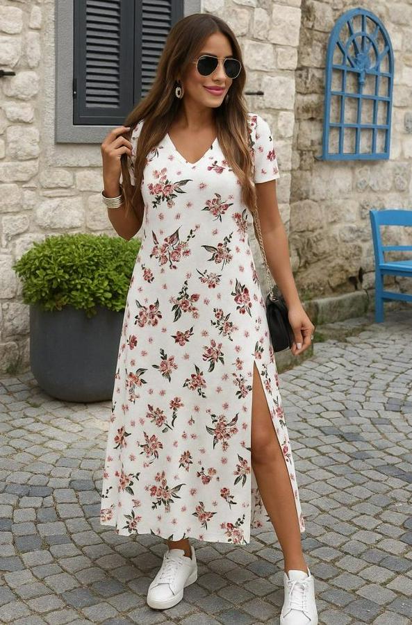 Kısa Kollu V Yakalı Maksi Boy Viskon Elbise