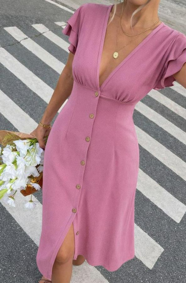 Kısa Kollu V Yakalı Önden Düğmeli Bürümcük Midi Elbise