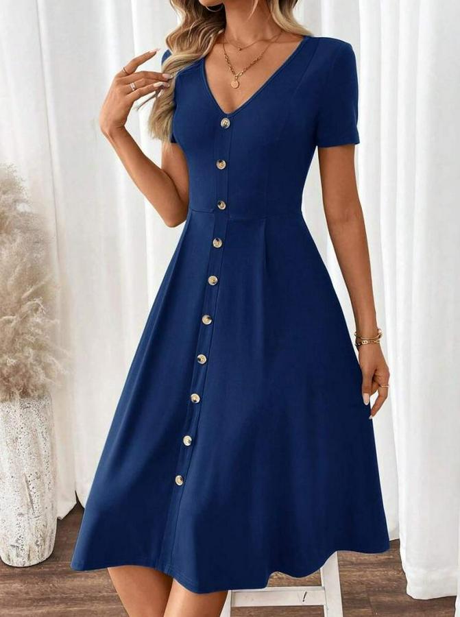 Kısa Kollu V Yakalı Önden Düğmeli A Kesim Dokuma Elbise